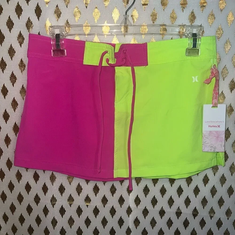 NWT LoveShackFancy X Hurley Solid Blocked Boardie Skirt neon pink green swimsuit